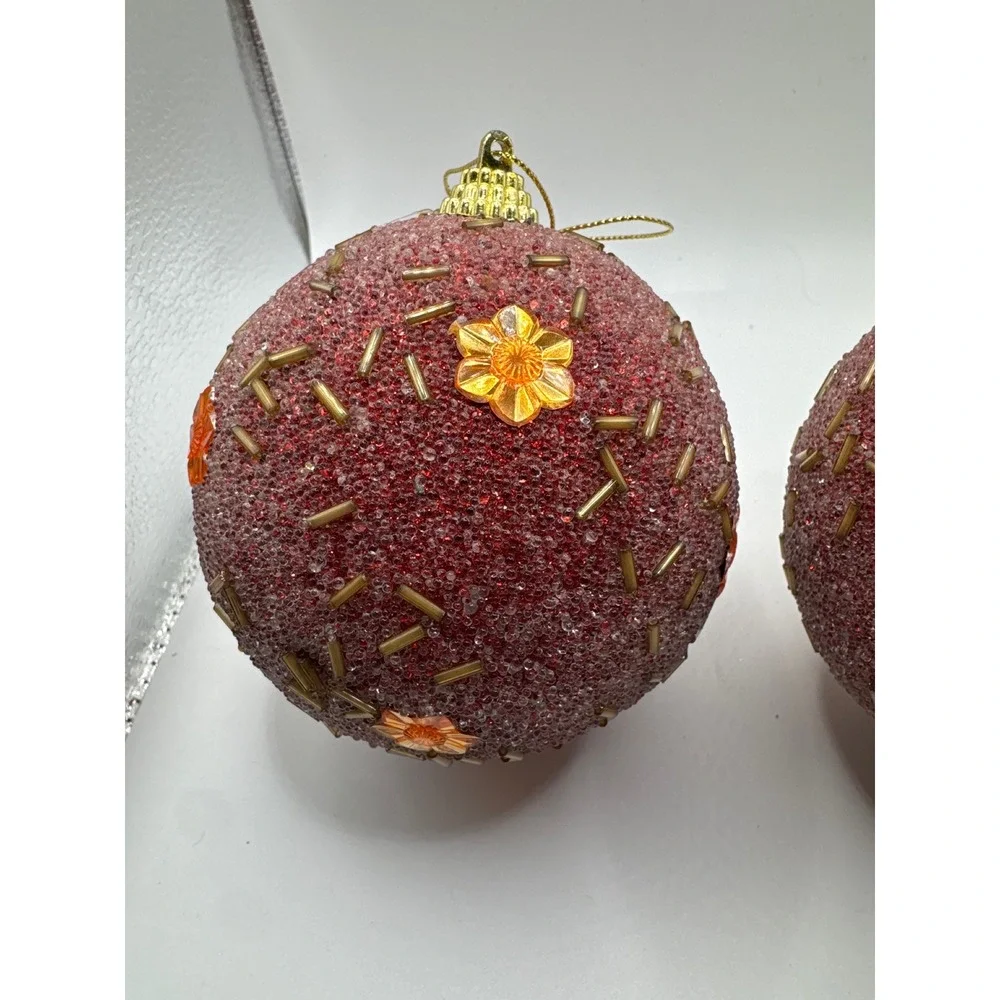 Red Sugar Beaded Christmas Ornaments with Orange Flower Sequins Set of 2 4in